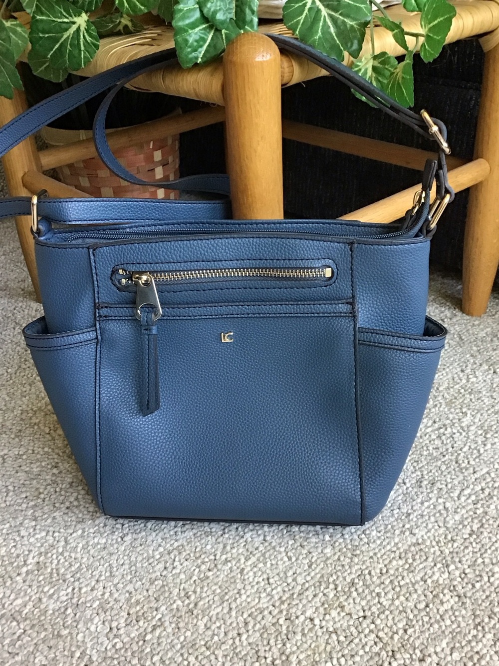 Liz Claiborne Blue Pebbled Leather Shoulder Bag with Gold Hardware